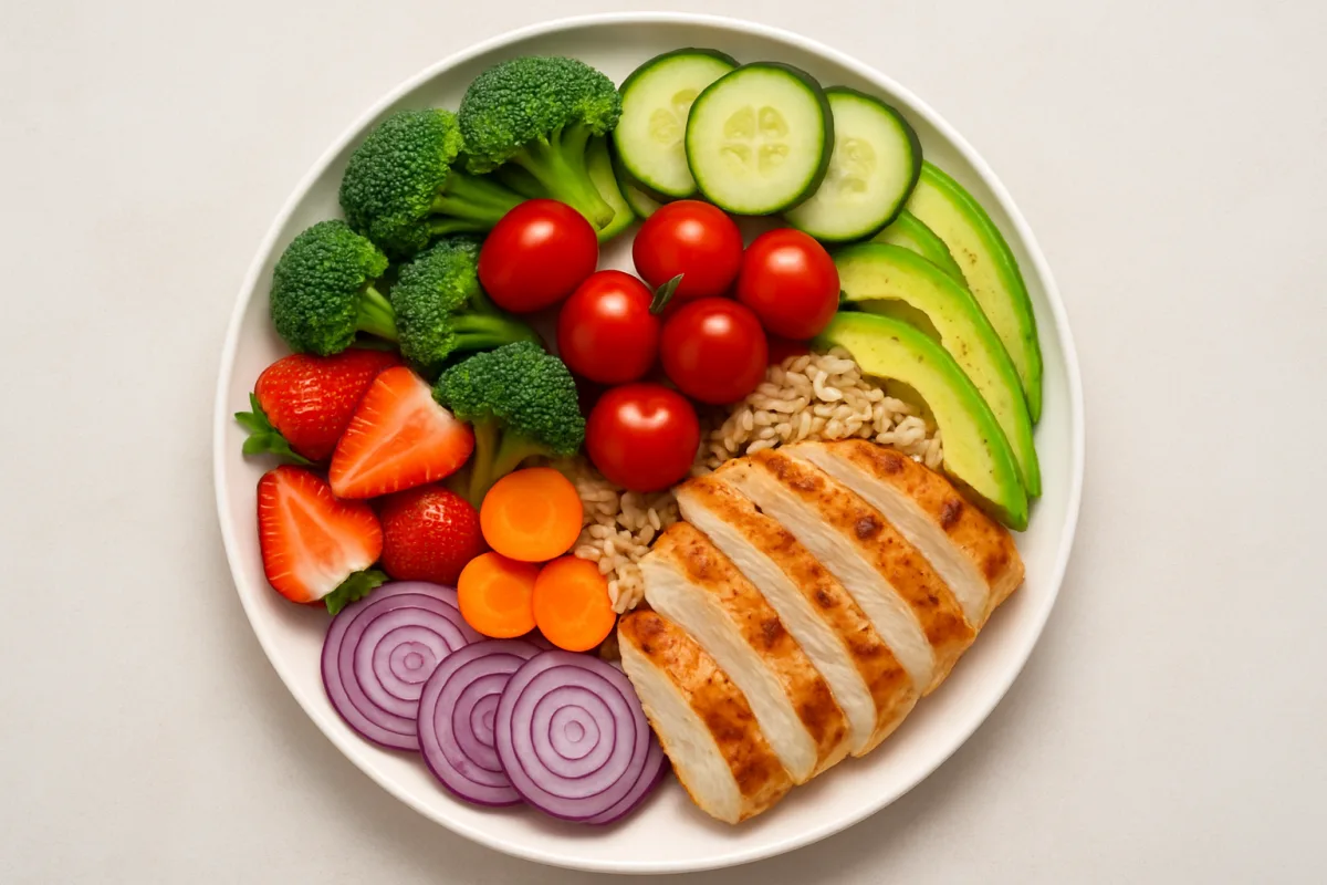 Heart healthy diet with fruits, vegetables, and whole grains