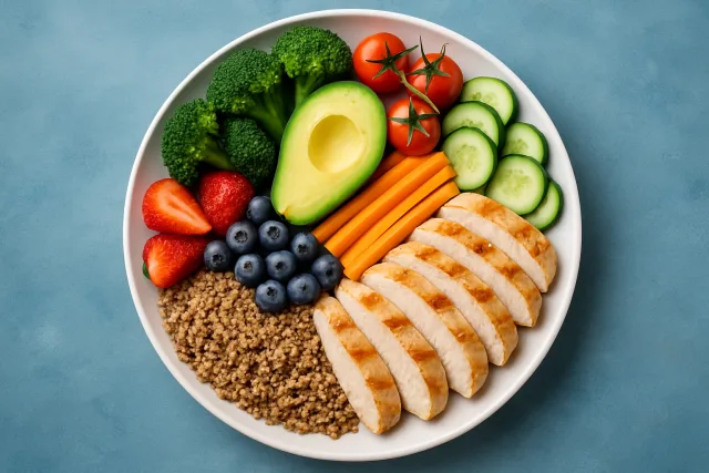 Healthy diet with fruits, vegetables, and whole grains