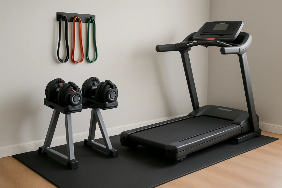 Home gym setup with essential fitness equipment