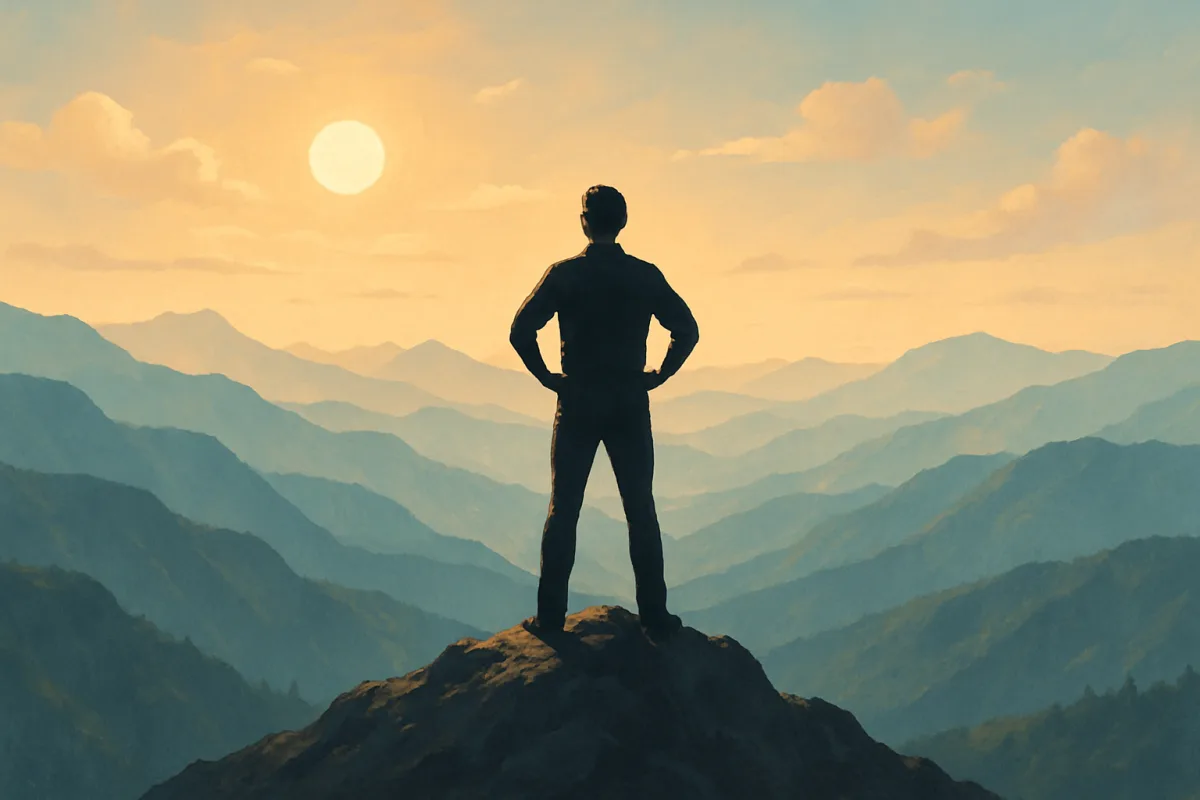 A person standing confidently on a mountain peak, representing the journey to build confidence.