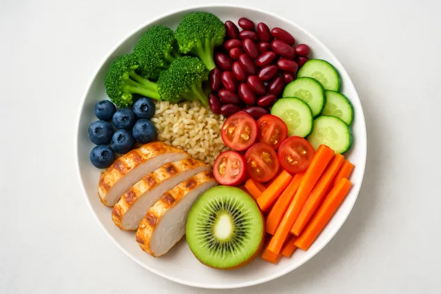 Balanced meal plan with fruits, vegetables, grains, and proteins