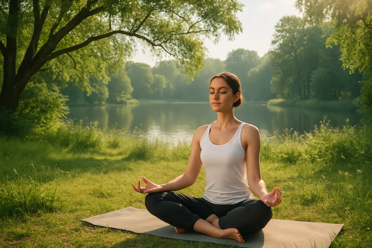 A person practicing yoga in a peaceful outdoor setting to reduce stress naturally.