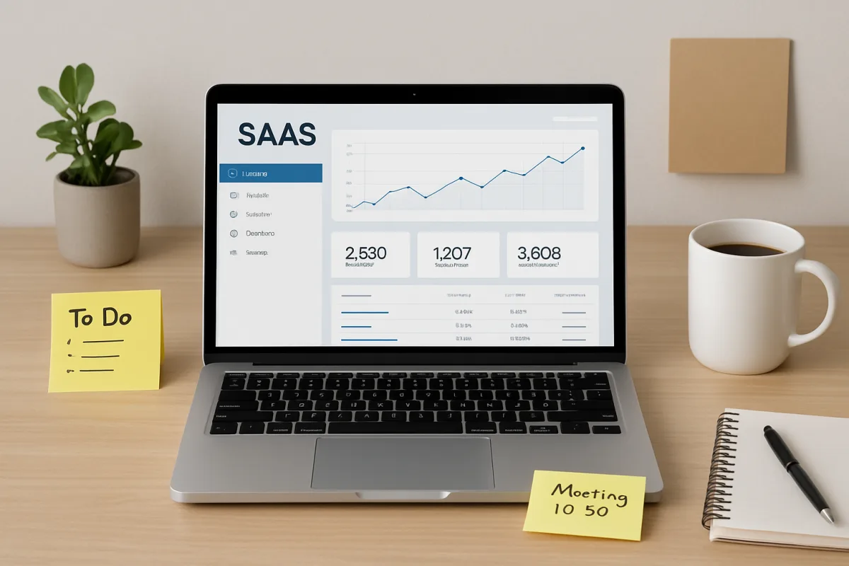 Start a SaaS business workspace with laptop and notes