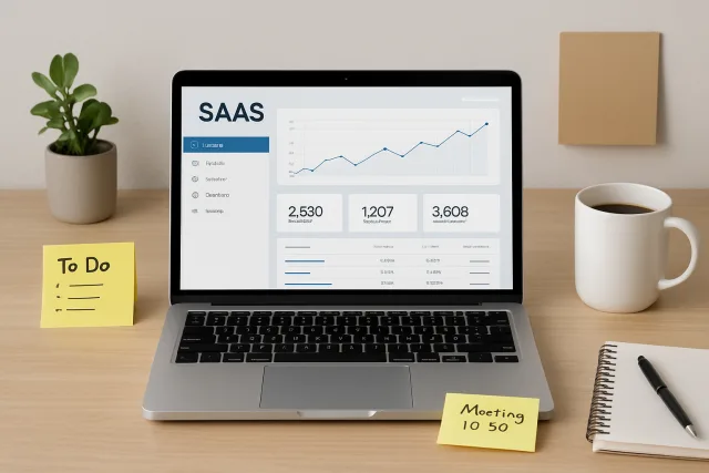 Start a SaaS business workspace with laptop and notes