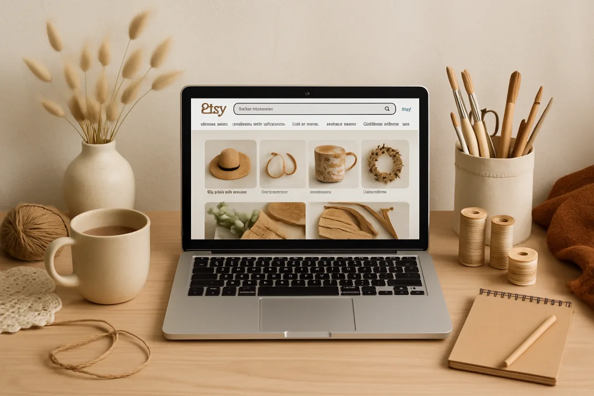 Image of starting an Etsy shop with crafts and a laptop