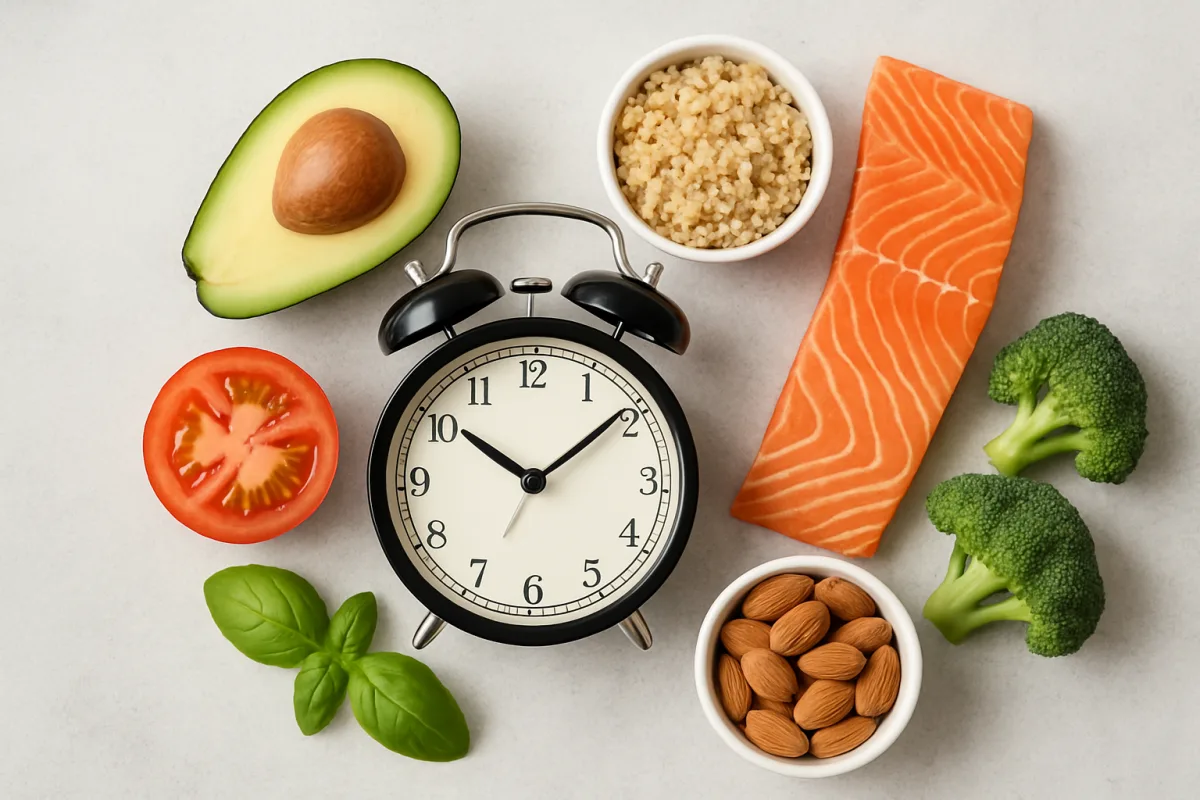 Intermittent fasting concept with clock and healthy foods