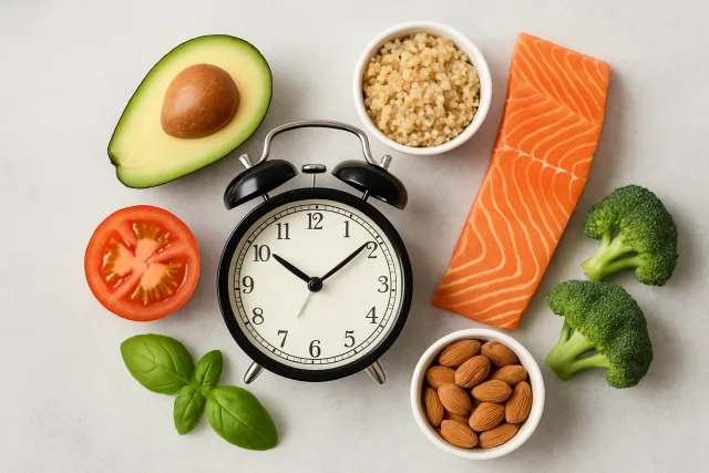Intermittent fasting concept with clock and healthy foods