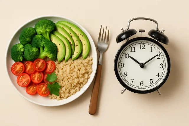 intermittent fasting concept with clock and healthy foods