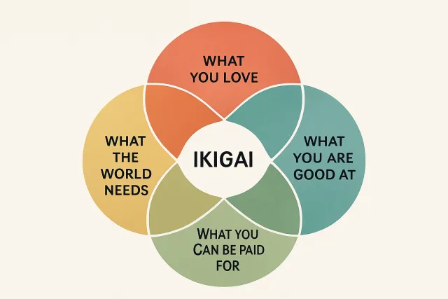 Ikigai concept diagram showing the intersection of passion, skills, needs, and income.