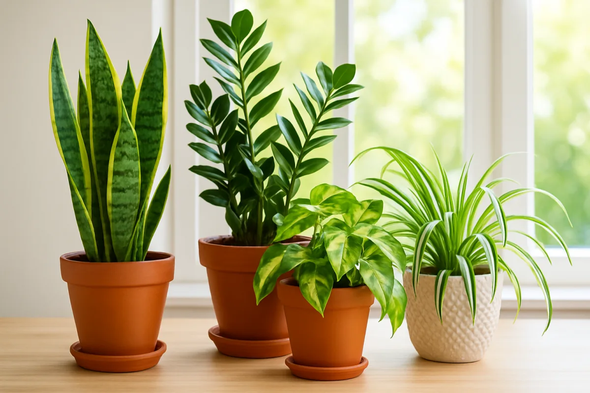 Indoor plants that are hard to kill, featuring Snake Plant, ZZ Plant, Pothos, and Spider Plant.