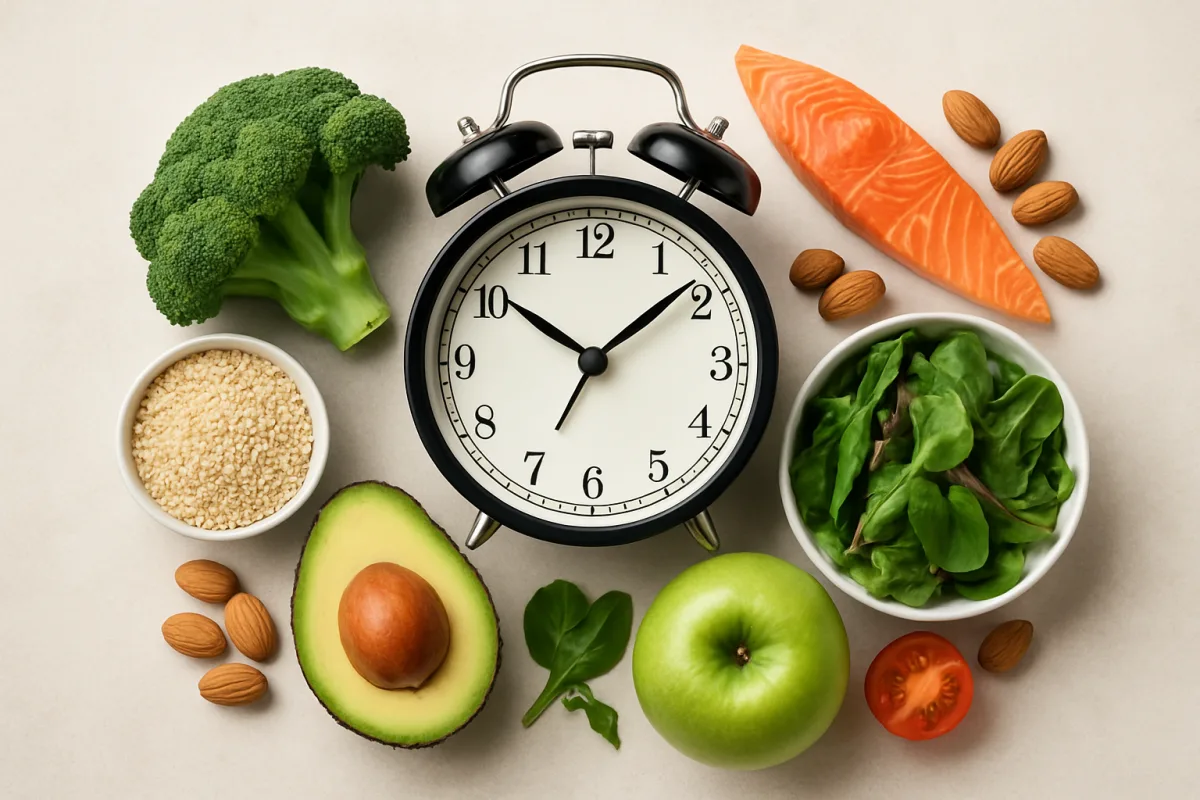Intermittent Fasting Schedule with healthy food and a clock