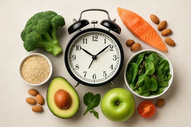 Intermittent Fasting Schedule with healthy food and a clock