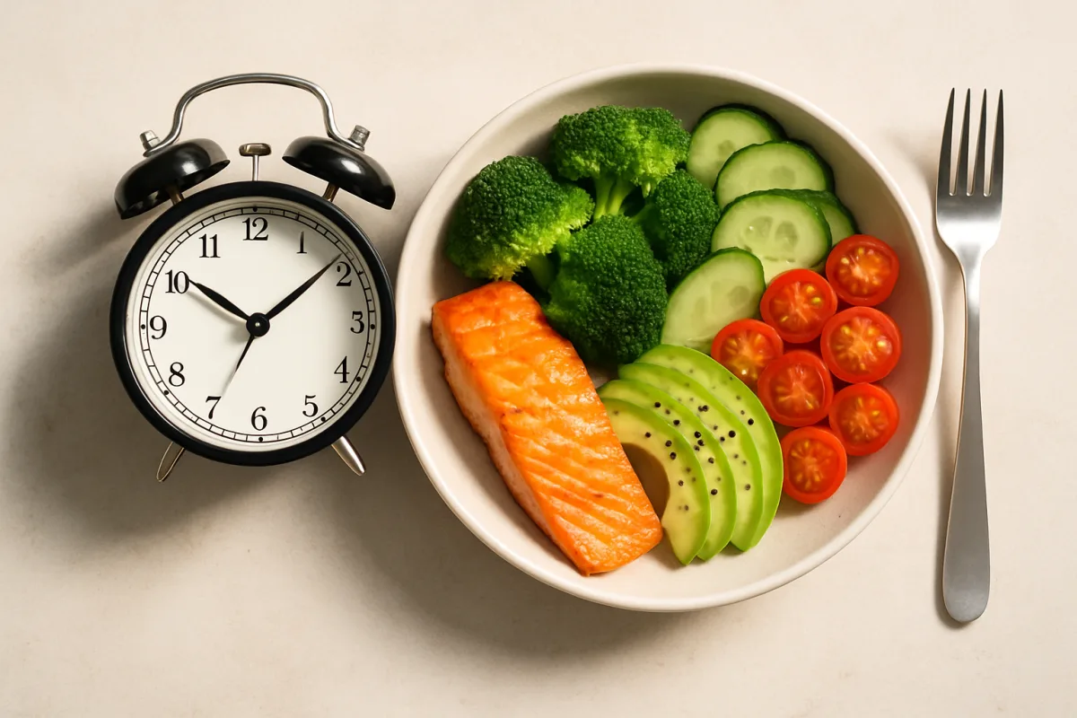 Intermittent Fasting Starter with healthy meal and clock