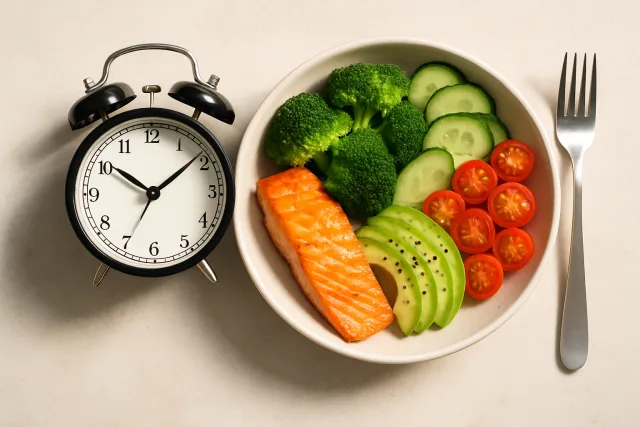 Intermittent Fasting Starter with healthy meal and clock