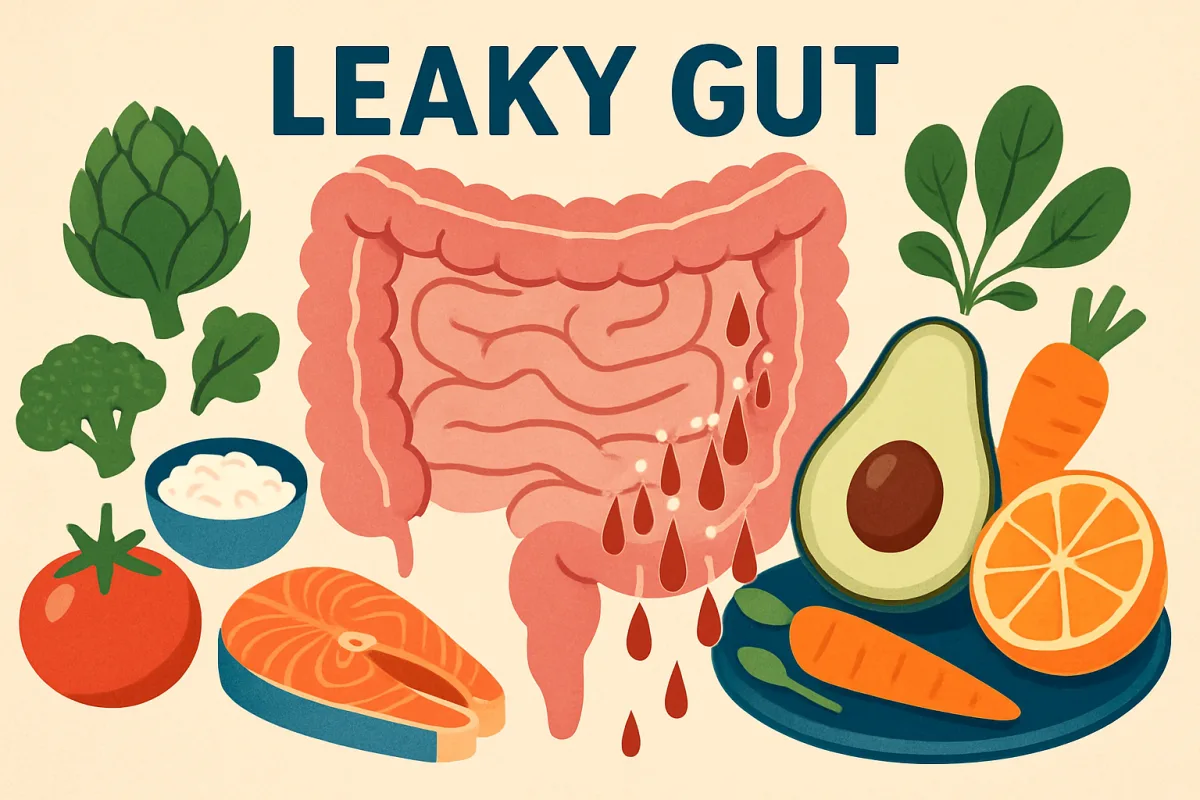 Leaky Gut illustration with healthy foods and intestines