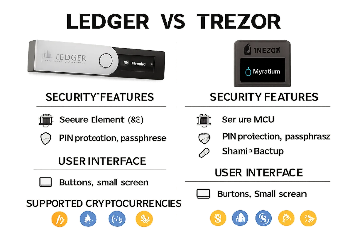 Ledger vs Trezor Security Tech comparison graphic