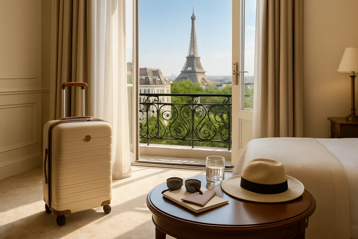 Luxury travel on a budget scene with elegant accommodations