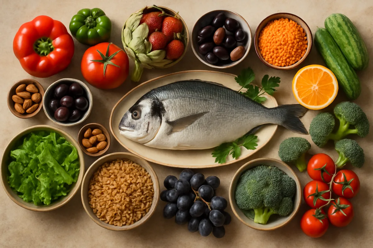Mediterranean Diet Longevity foods including fruits, vegetables, and fish