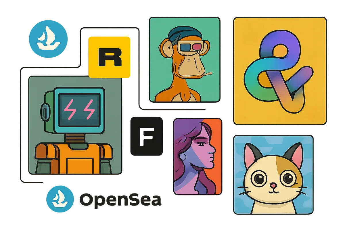 NFT Marketplaces 2026 overview with artworks and logos
