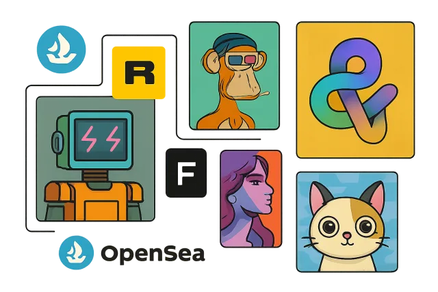 NFT Marketplaces 2026 overview with artworks and logos