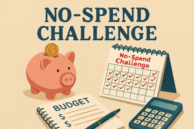 No-Spend Challenge Savings concept with budgeting tools and a piggy bank.