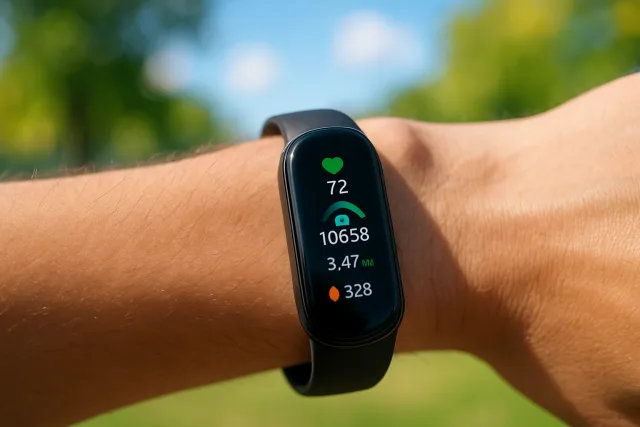 No-Subscription Fitness Tracker on wrist displaying health metrics