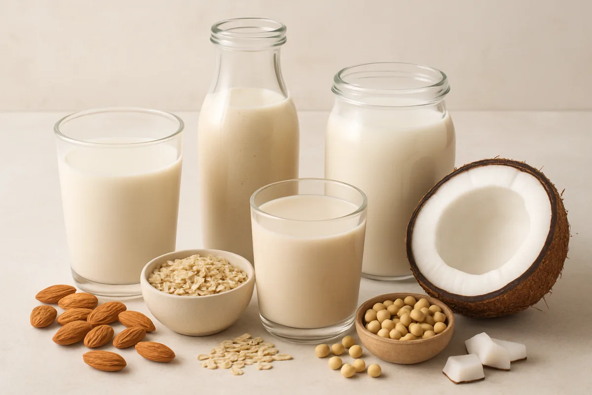 Non-Dairy Milk Nutrition Facts with various types of milk displayed.
