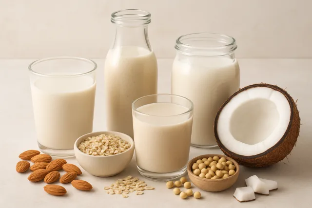 Non-Dairy Milk Nutrition Facts with various types of milk displayed.