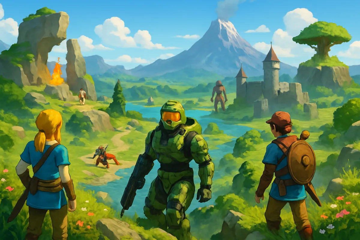 Open World Games landscape with characters exploring various environments