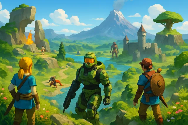 Open World Games landscape with characters exploring various environments