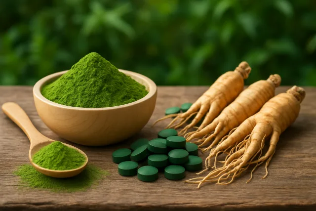 Organic Energy Supplements including matcha, spirulina, and ginseng