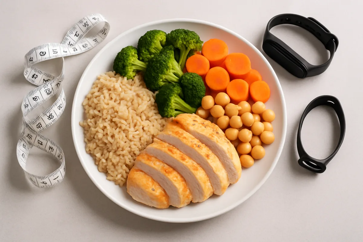 PCOS Weight Loss Strategies with healthy foods and fitness gear