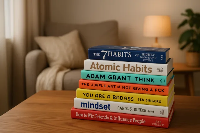 Personal Growth Books stacked on a table
