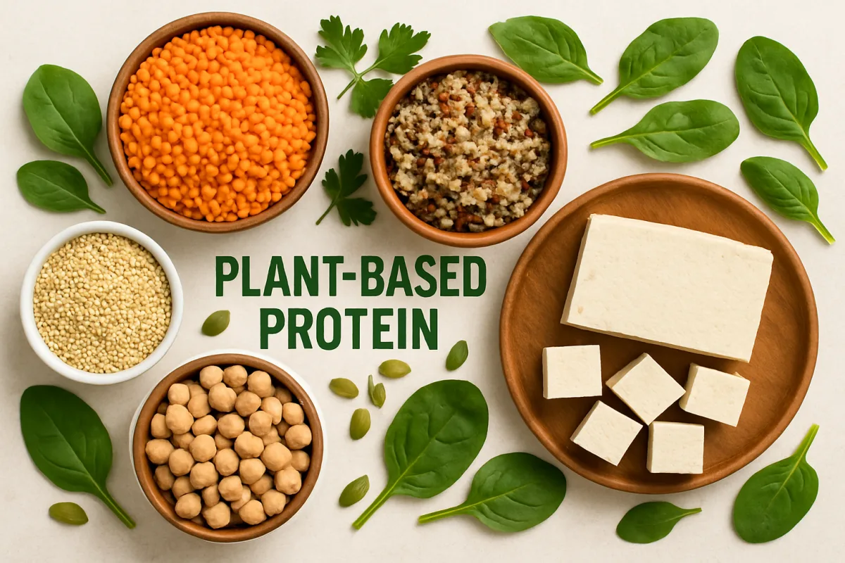 Plant based protein sources including lentils, chickpeas, quinoa, and tofu