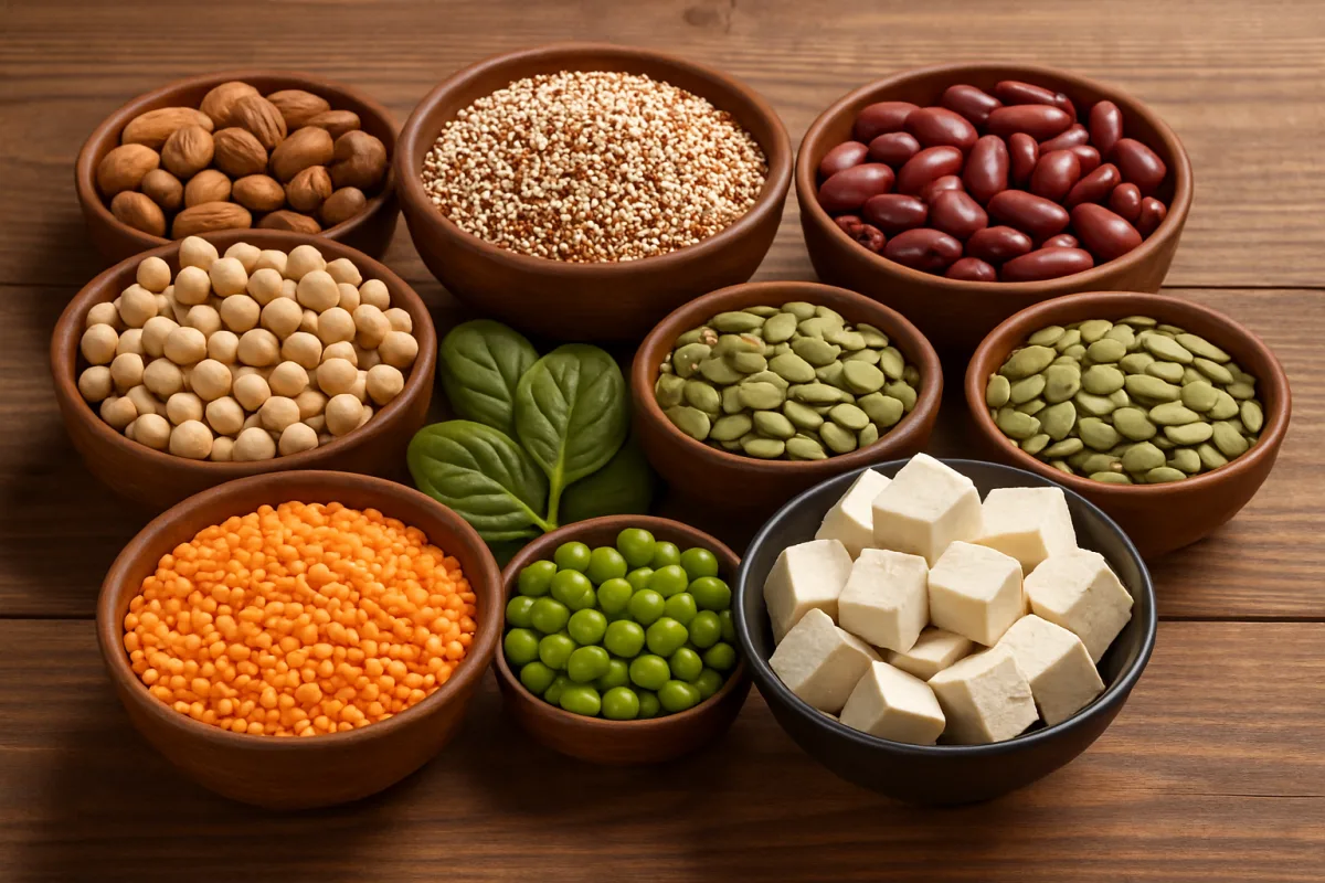 Plant based protein sources including lentils, quinoa, and tofu.