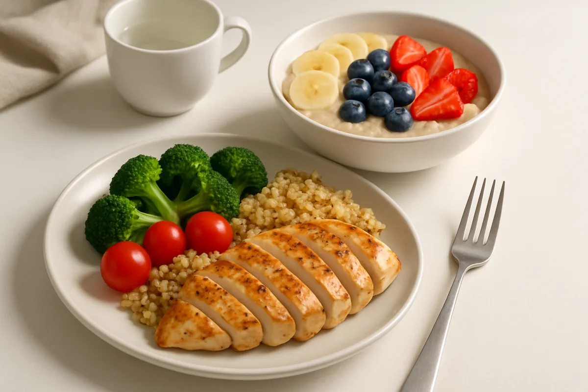 Pre and post workout meals including oatmeal and grilled chicken.