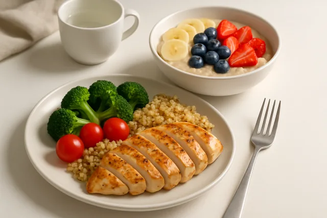 Pre and post workout meals including oatmeal and grilled chicken.