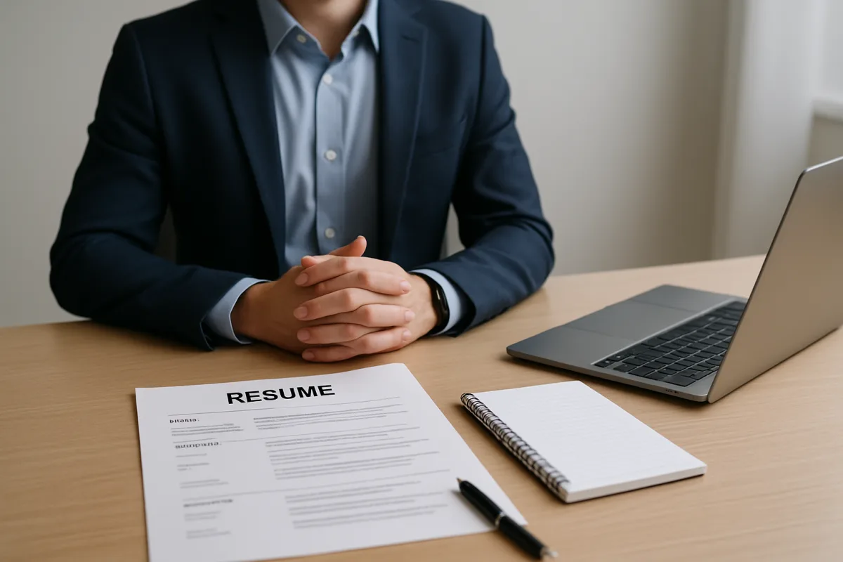 Preparing for a job interview with resume and notepad