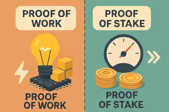 Illustration of Proof of Work vs Proof of Stake in blockchain technology