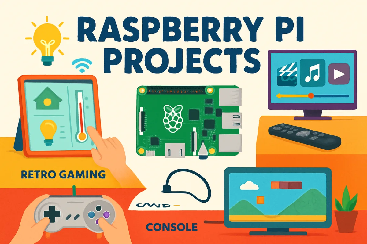 Raspberry Pi projects showcasing media center, gaming, and IoT applications.