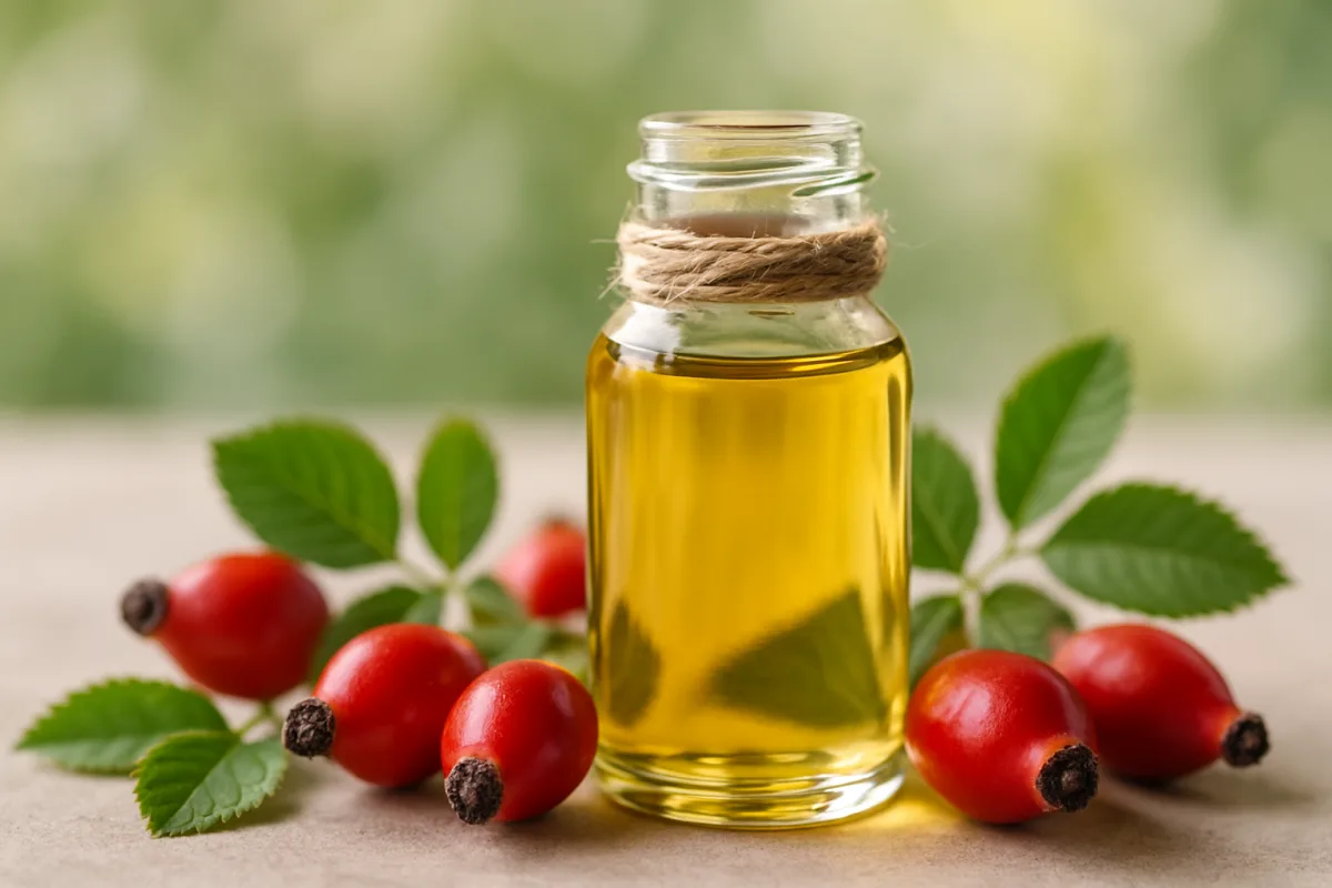 Rosehip Oil bottle with rose petals