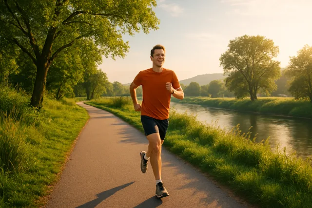 Running as a lifestyle habit with a scenic path and jogger.