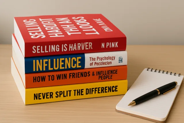 Sales and negotiation books stacked on a desk
