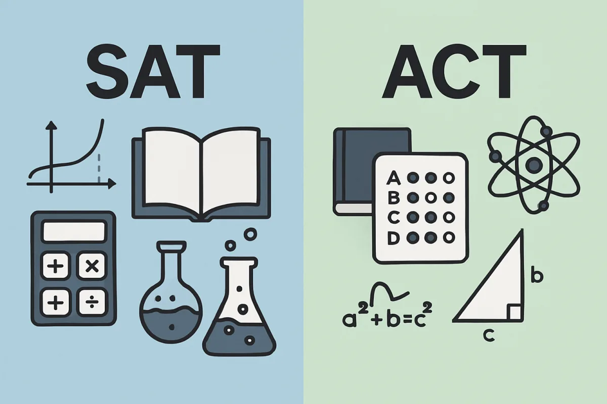Illustration comparing SAT vs ACT tests for college admissions.