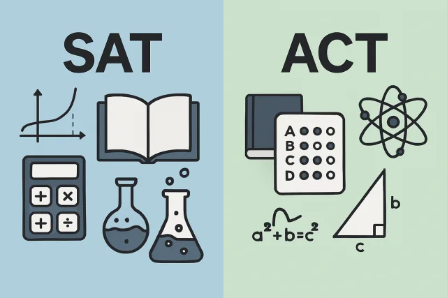Illustration comparing SAT vs ACT tests for college admissions.