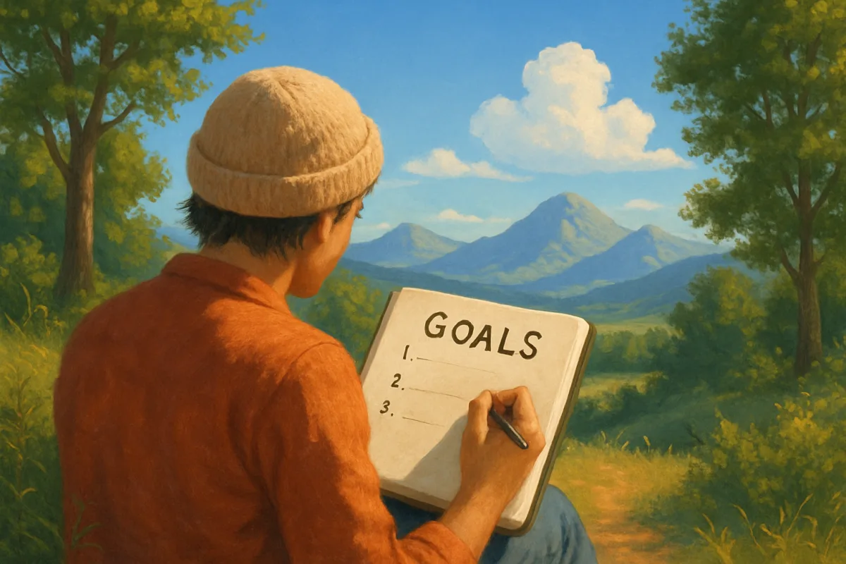 Setting personal goals in a journal outdoors