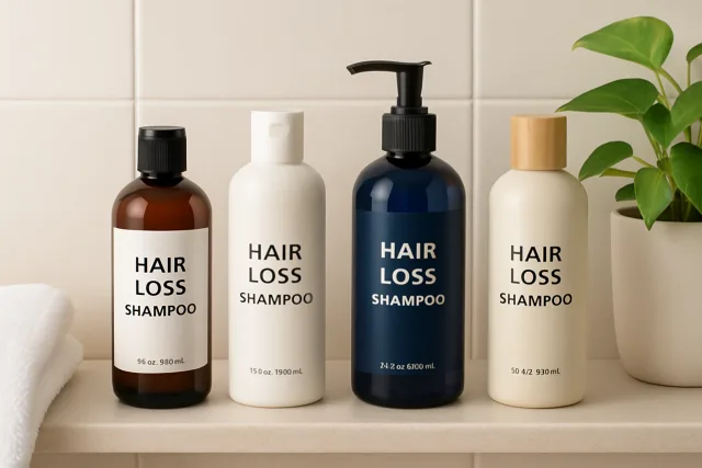 Shampoos for hair loss displayed on a bathroom shelf