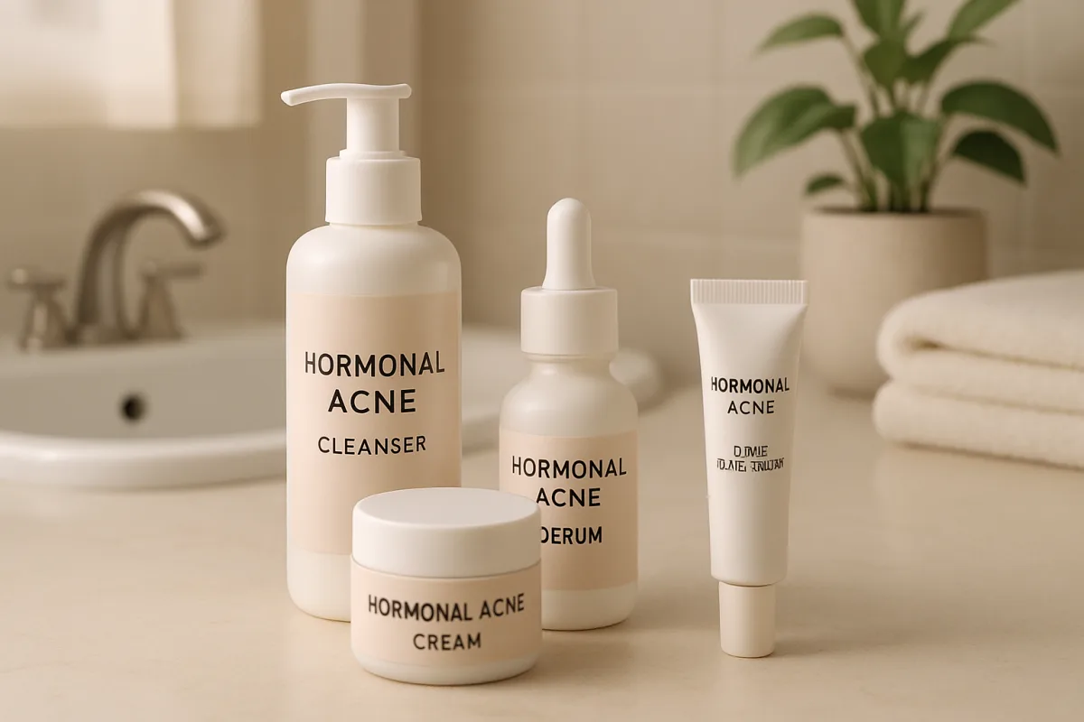 Skin Care for Hormonal Acne products displayed in a bathroom setting