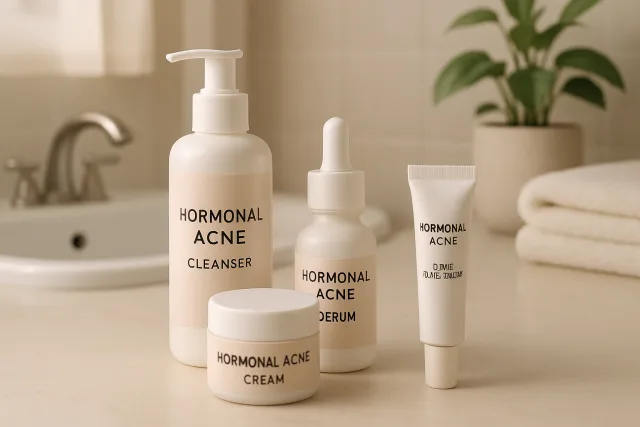 Skin Care for Hormonal Acne products displayed in a bathroom setting