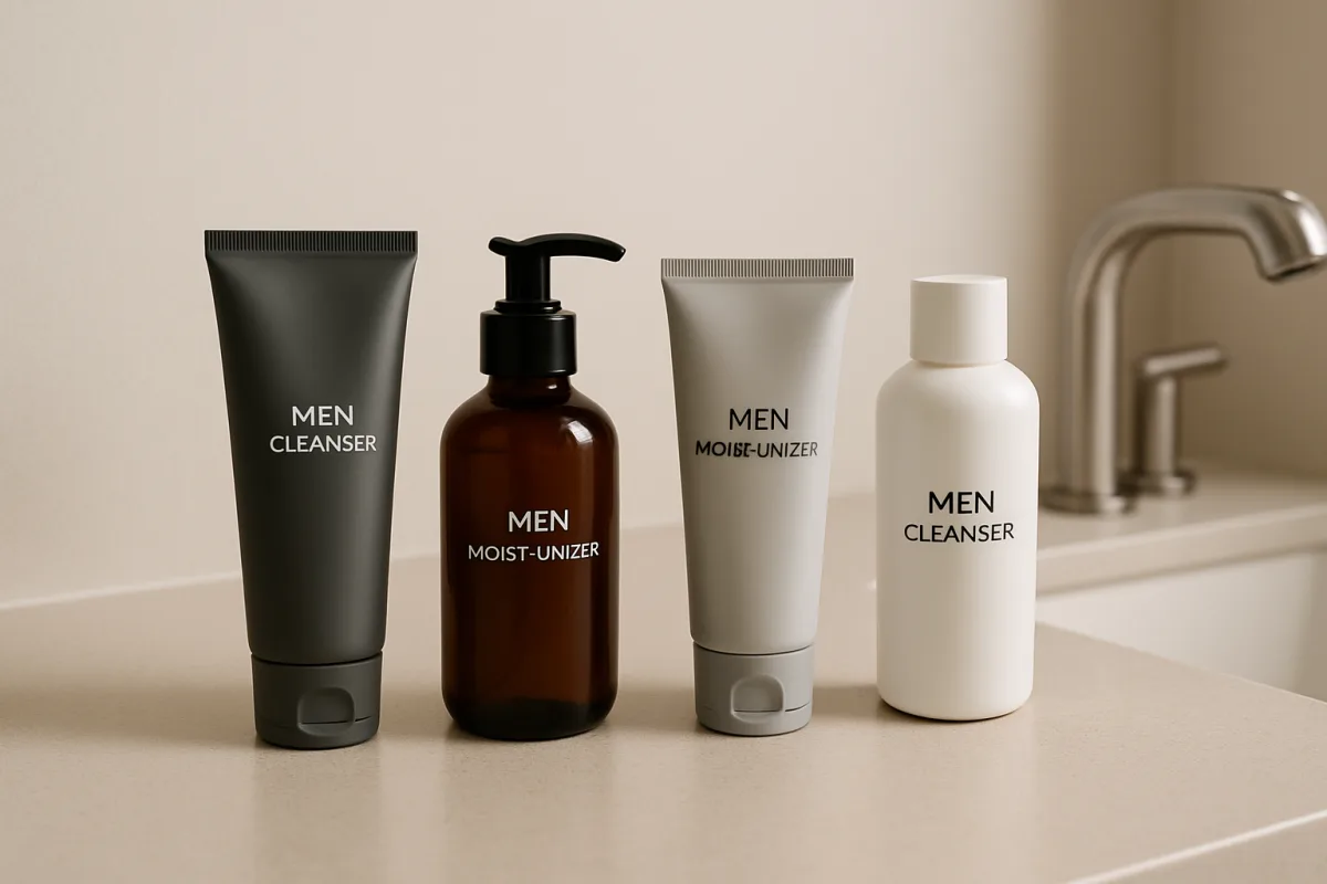 Men's skincare products on a bathroom counter